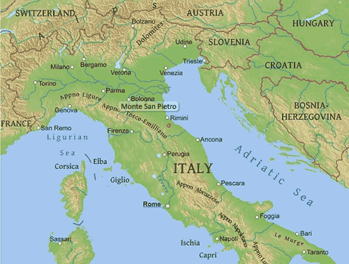 Carta fisica d'Italia con evidenziata la posizione di Monte San Pietro